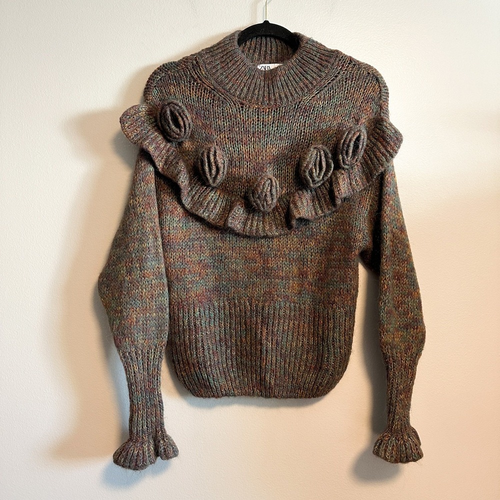 Zara Rose Appliqué Ruffle Detail Multi-Color Knit  Mohair Blend Sweater Size S - Picture 5 of 10